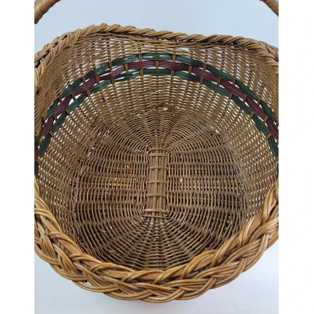Large Wicker Basket Woven Picnic Garden Harvest Brown Green Burgundy 18in